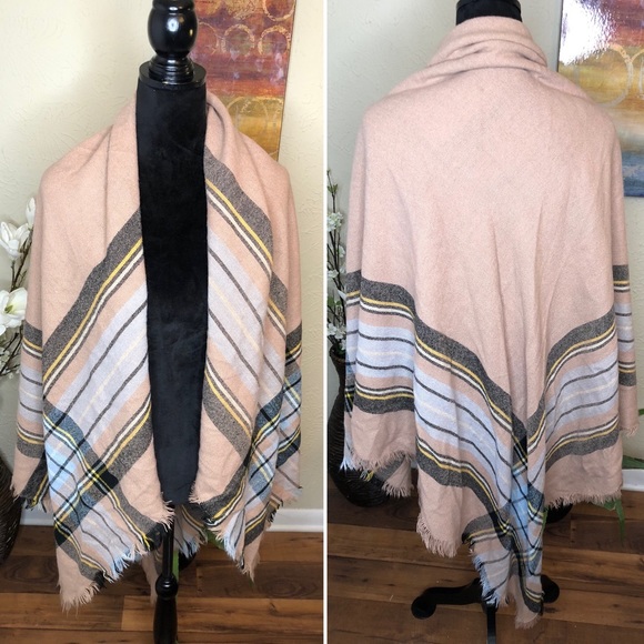 Plaid Blanket Wrap Scarf Tan White Blue Blk Yellow - Picture 5 of 7